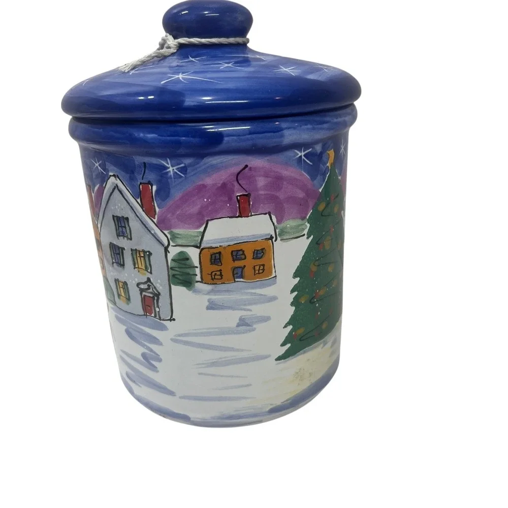 Starbucks Hand Painted Canister Ceramic Jar Hungary Winter Village Signed Coffee